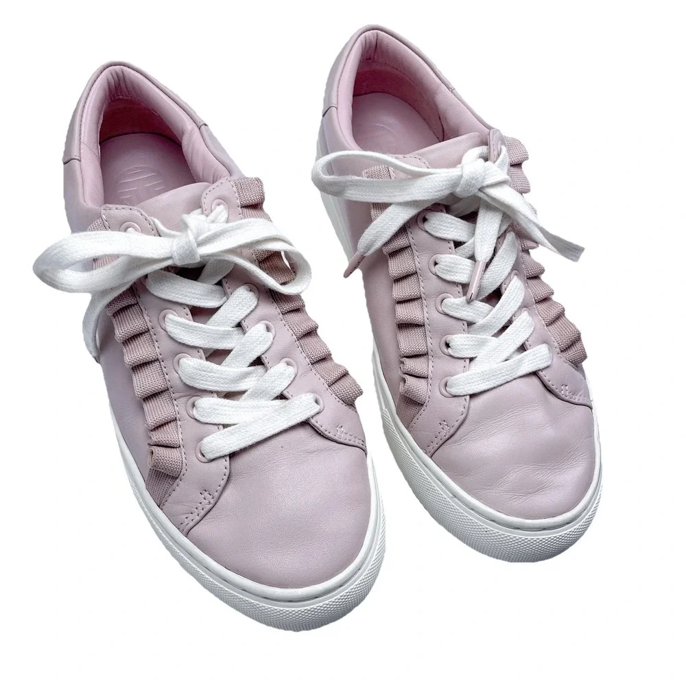 Tory Burch Sport‎ Ruffle Sneakers Women's Sz 8 Pink Leather EUC Preppy Feminine